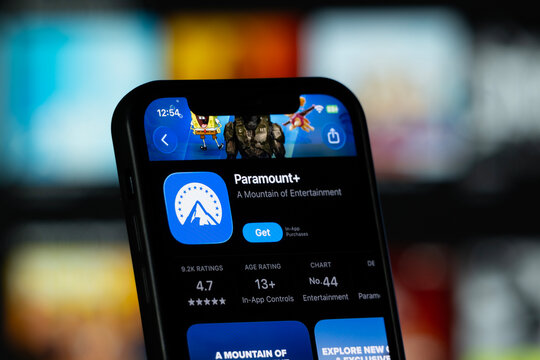 San Francisco, United States - 11 July 2026: App Store page of the Paramount+ app is seen on a smartphone screen.