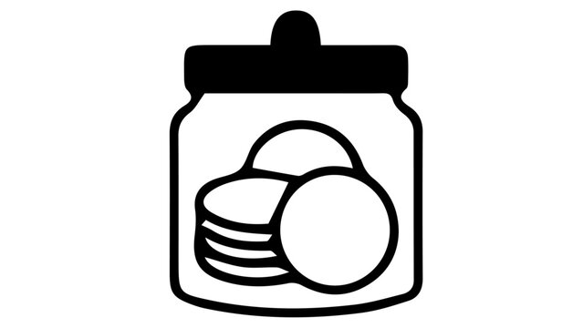 Minimalist coin jar icon, black and white money savings vector, glass container with cash coins, financial investment and donation concept