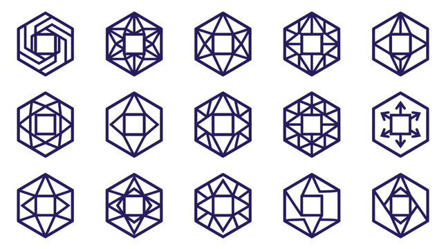 Geometric violet line art abstract logo symbols set.