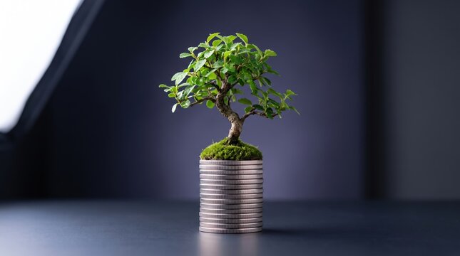 Small green bonsai tree resting on a high stack of metallic coins with investment business currency financial