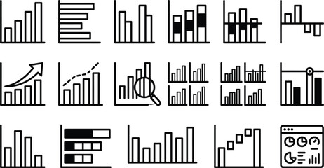 Obraz premium A collection of various black and white line art business chart and graph icons for data analysis presentations