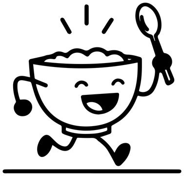 Cheerful cartoon cereal bowl character running with spoon with depicts happy cartoon face running illustration breakfast animation whimsical