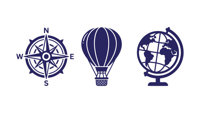 Travel and geography icon set featuring antique compass hot air balloon and terrestrial globe navigation geography adventure exploration destination direction orientation