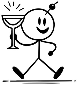Cheerful character holding cocktail glass with joyful smile with stick figure smiling smiling face illustration celebration beverage cartoon