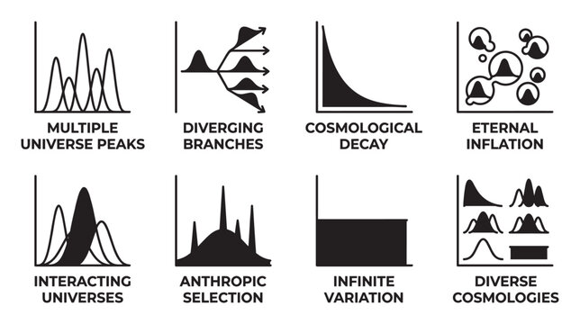 Cosmology graphs showing multiple universe peaks diverging branches and decay.