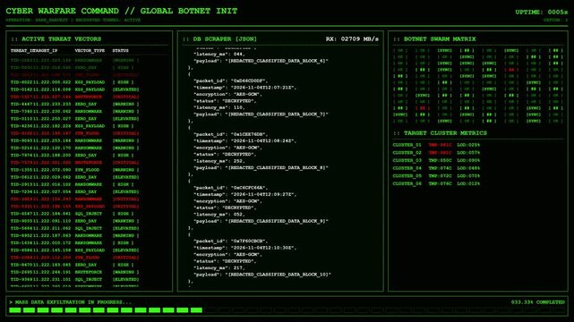 Cyber Warfare Botnet Command Hacking Terminal Screen Background.
