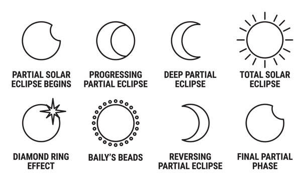 Different stages of a solar eclipse illustrated as line art icons for educational purposes.