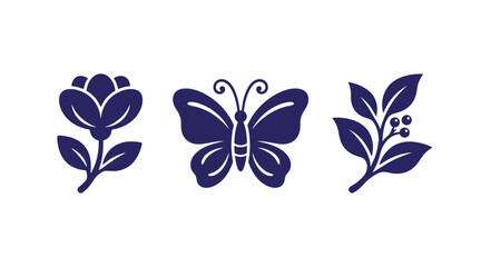 Fototapeta premium Set of blue minimalist nature and wildlife icon symbols with butterfly botanical illustration silhouette wildlife collection minimalism
