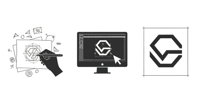 Logo design process on computer screen with hand drawing shapes with illustration creative graphic vector symbol icon art