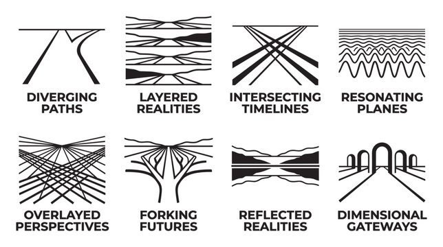 Diverging paths layered realities intersecting timelines resonating planes abstract concepts.