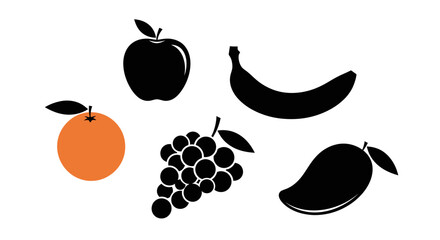 Colorful illustration of various fruit silhouettes on white background with silhouettes including orange orange apple banana collection fruit © Dipan