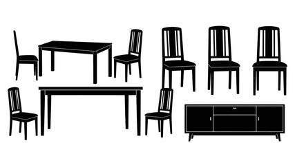 Fototapeta premium Black and white illustration of dining room furniture with illustration various pieces silhouette sideboard interior design table chair with decor