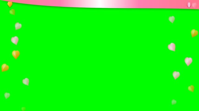 Romantic Pink Banner with Floating Hearts on Chroma Key Green Background