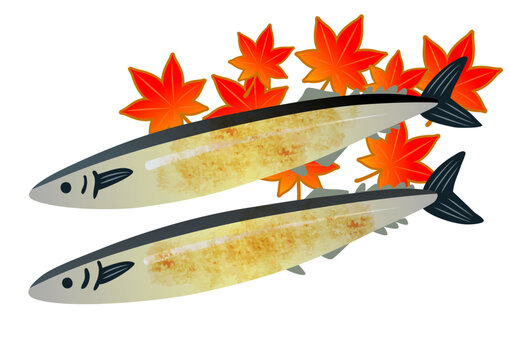 秋刀魚（さんま）と紅葉の秋イラスト