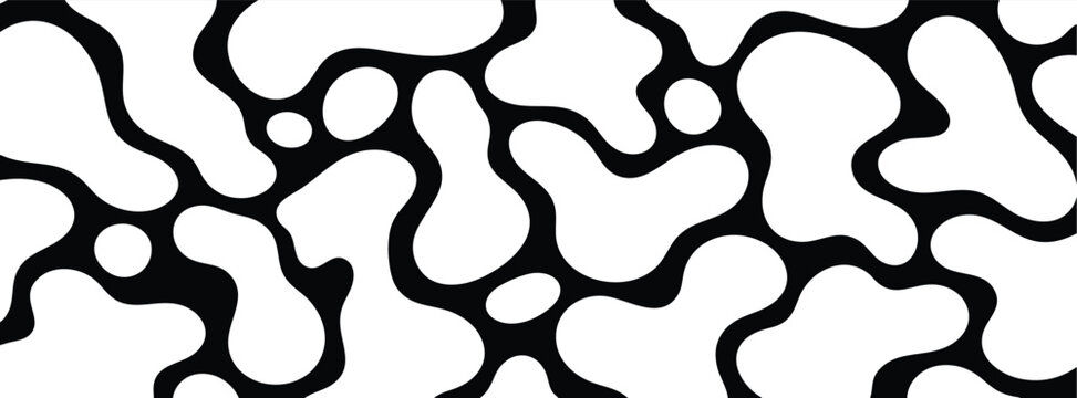 abstract pattern with organic blob shapes. Black and white fluid liquid design, modern minimalist background, vector illustration for textile, wallpaper, or fashion prints.