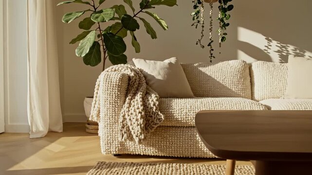 Sunlit Scandinavian living room with white textured sofa, knit throw, wooden coffee table, jute rug, fiddle leaf fig plant, and natural wood flooring in a minimalist home.