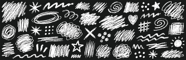Set of hand drawn chalk scribbles, doodles, shapes, lines, stars, hearts, circles and textures on a black background. Vector illustration for design elements. © Zbrake Studio