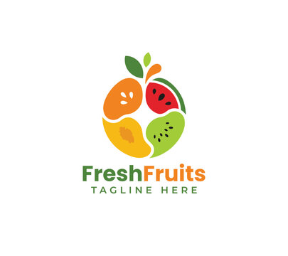 Fresh Mixed Fruits Logo Design For Organic Juice Bar, Healthy Diet Nutrition, Vegan Food Shop, Grocery Store, And Natural Agriculture Farm Identity Vector Template