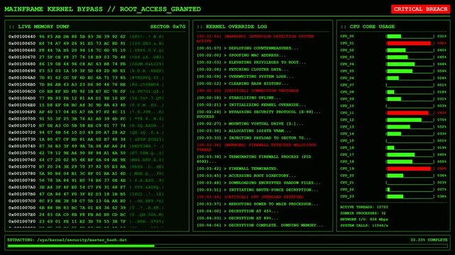 Mainframe Root Access Breach Hacking Terminal Screen Background.