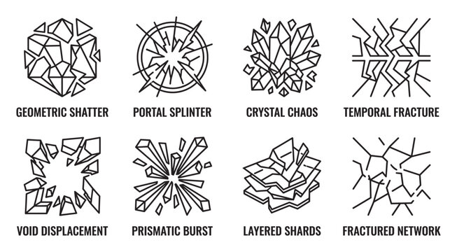 Shattered geometric portal splinter crystal chaos temporal fracture void displacement abstract.
