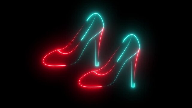 Glowing neon Woman shoe with high heel icon,  heel icon animation on black background. pink high heel shoe icon fashion themed high definition motion video.