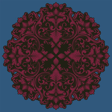 Red and pink floral mandala, Baroque patterns, decorative elements.