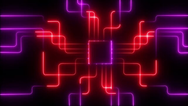 Abstract neon motherboard icon . 4k video animation . Circuit Board with neon line moving electrons, simple logotype icon concept. Close-up of computer processors technology concept black background.