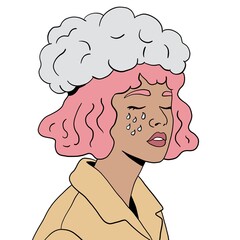 Flat fashion illustration of a beautiful girl with pink hair, a cloud over her head, and tears in her eyes; mental health, sad girl.