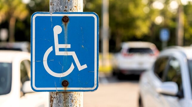 Blue metal handicapped parking sign featuring white accessibility icon mounted on a weathered rusty pole under bright natural daylight conditions