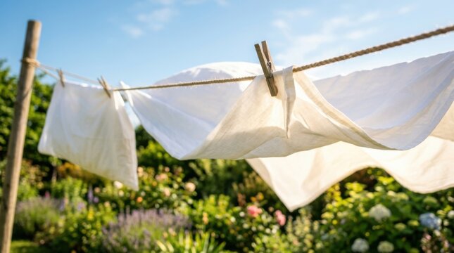 White Clean Linen Sheets Hanging on Clothesline Drying in Summer Garden Breeze