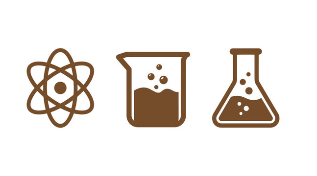 Set of laboratory science icons featuring an atom symbol and glass beakers chemistry laboratory research experiment education scientific equipment glassware analysis
