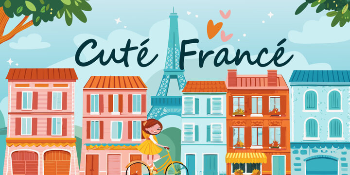 Parisian street scene illustration colorful buildings and eiffel tower backdrop