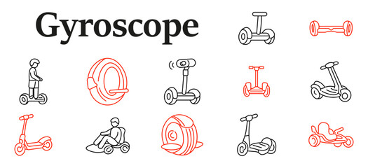 Gyroscope set icon. Segway, scooter, hoverboard, monowheel, kart attachment, electric transportation, personal mobility devices, urban commuting technology assortment. © Кирилл Макаров