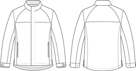 Technical fashion flat sketch of a men zip up jacket with stand collar front and back view © bipul stok