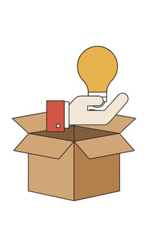 Stylized hand with red sleeve emerges from an open brown box, holding a yellow lightbulb, representing a simple idea or innovative solution, flat design concept