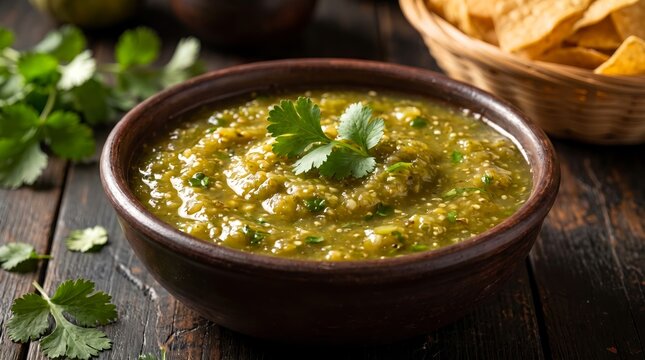 Fresh green salsa verde served in a rustic clay bowl topped with cilantro leaves captured with soft natural lighting