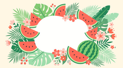 Obraz premium Refreshing summer watermelon border with tropical flowers and leaves
