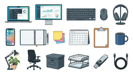 Fototapeta premium Modern flat illustration of office workspace equipment and accessories arranged in a professional setting.