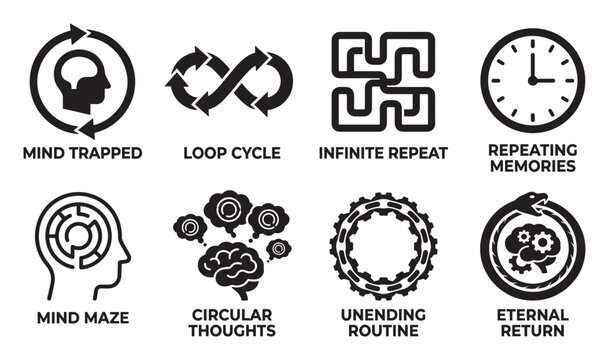 Abstract icons depicting mental states of being trapped looping in thought or routine.