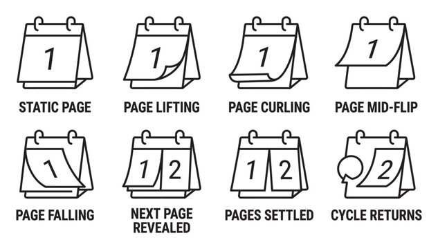 Calendar flip icons showing page movement: static, lifting, curling, mid-flip, falling.