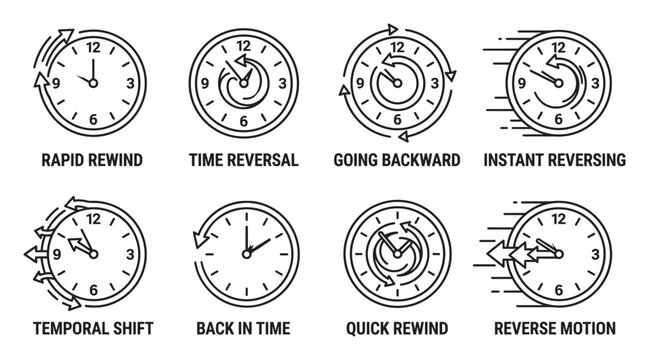 Clock icons illustrating time manipulation: rewind, reversal, backward, shift, reverse motion.
