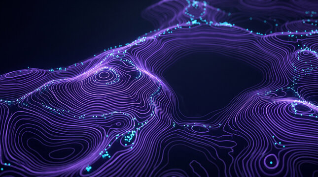 Abstract 3D digital topographic map with glowing purple and blue contour lines representing futuristic data visualization cyber landscape network technology background concept design.