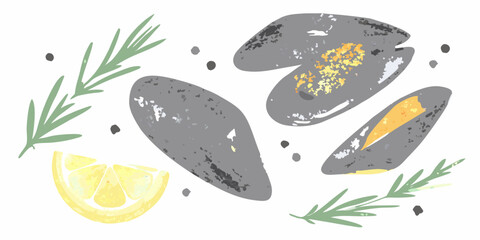 Mussels And Lemon Watercolor Illustration With Rosemary Sprigs © Tithi