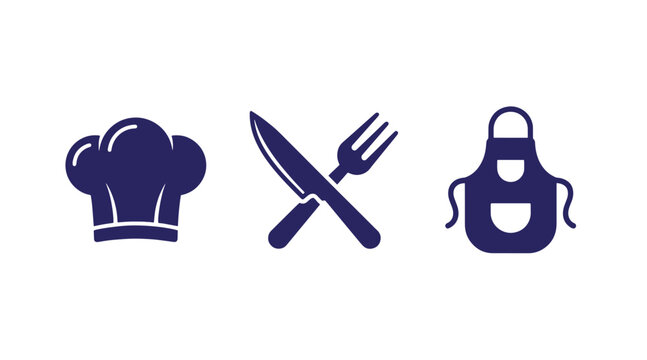 Set of kitchen and culinary icons featuring a chef hat crossed knife and fork an apron restaurant culinary graphics utensils hospitality silhouette template catering