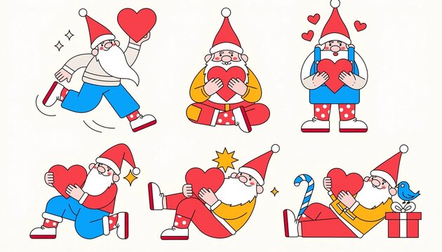 Set of whimsical cartoon gnomes expressing love with hearts in various playful poses with collection cute gnome characters flat vector style