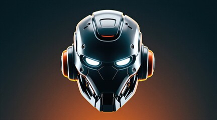 Fototapeta premium Futuristic robot head with metallic surface and glowing white eyes. Orange accents highlight mechanical design. Machine face looks forward on dark gradient background.