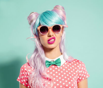 A vibrant and eccentric portrait of a young woman embracing a quirky, retro-pop aesthetic
