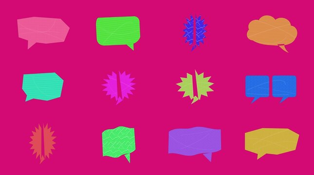 Colorful set of speech and thought bubble icons with explosion shapes isolated on white background, illustration