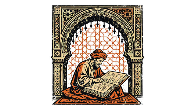 Islamic scholar reading an ancient manuscript inside a geometric archway woodcut illustration