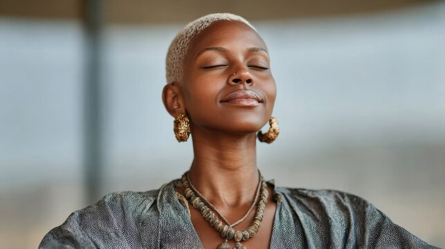 This portrait captures a Black woman with closely cropped pale hair, eyes closed in a calm relaxed state, adorned with gold drop earrings and layered beaded necklaces, dressed in a muted gray top
